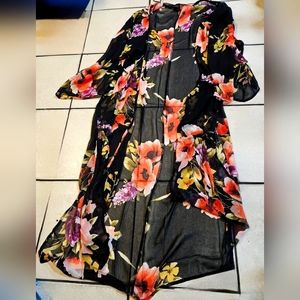 Allie Rose Black Floral Long Kimono Cardigan